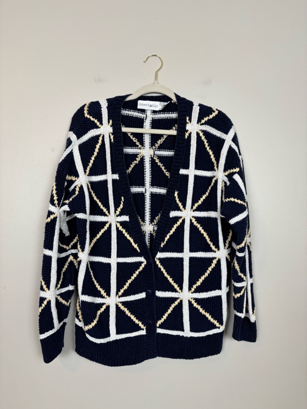 Vtg Robert Scott Ltd Sweater Womens Lg 80s 90s Geometric Grid V-Neck Cardigan